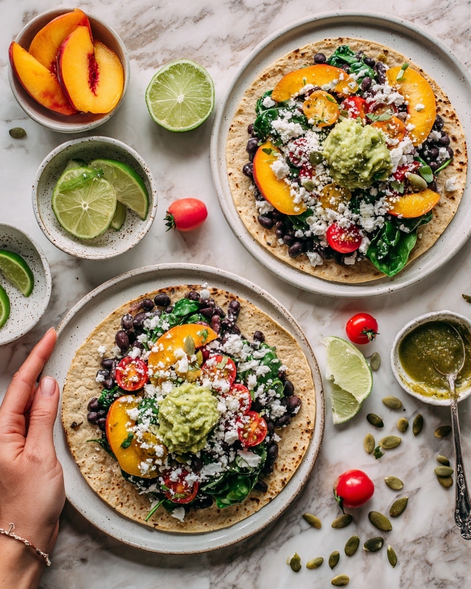 Two white plates each hold a soft taco with two light beige tortillas layered with dark beans, bright yellow peach slices, red cherry tomato halves, green spinach leaves, and sprinkled white cheese crumb. One taco has a dollop of green guacamole on top, with some pumpkin seeds scattered on and around the tacos. Lime wedges sit beside the tacos on the plates. Nearby, a small white bowl with black floral designs contains lime halves, while a white bowl holds sliced peaches. Another white bowl filled with green sauce has a spoon inside, and a small wooden dish holds pumpkin seeds. The background is a white marbled surface with a striped blue and white cloth partially visible in one corner. photo taken with an iphone --ar 4:5 --v 7