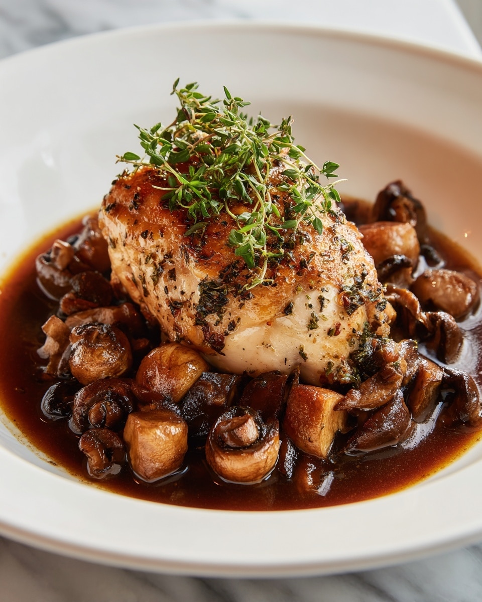 A white plate holds a single brown, cooked piece of chicken in the center, seasoned with green herbs scattered on top and around it. The chicken is surrounded by many small, brown mushroom pieces with a shiny glaze. The mushrooms and chicken sit in a dark brown sauce that looks thick and rich, resting on a white marbled surface in soft light near a window. photo taken with an iphone --ar 4:5 --v 7