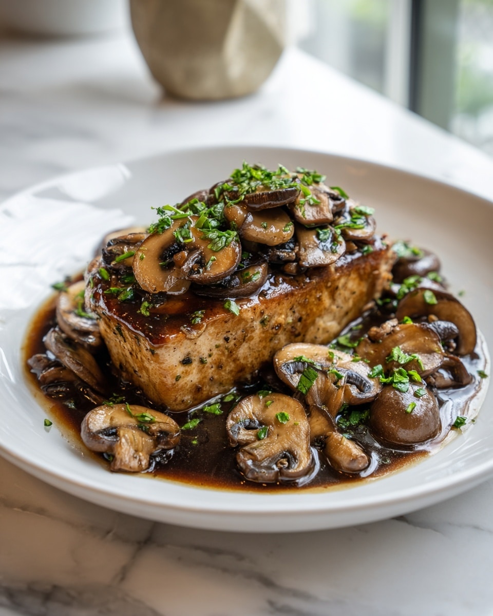 A single golden-brown cooked chicken piece sits in the middle of a white plate, covered with chopped green herbs on top. The chicken rests on a thick layer of cooked whole and sliced brown mushrooms in a shiny, dark brown sauce that spreads across the bottom of the plate. The mushrooms are soft and glistening, mixed with small green herb bits, adding texture around the chicken. The plate is on a white marbled surface near a window, and soft light highlights the textures and colors of the dish. photo taken with an iphone --ar 4:5 --v 7