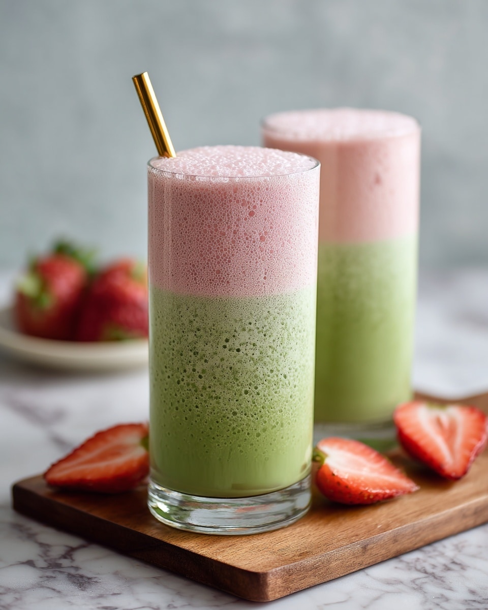 Two clear glasses filled with a two-layer drink sit on a wooden board on a white marbled surface. The bottom layer is a thick, textured green liquid, making up about two-thirds of the glass. The top layer is a smooth pink foam that slightly overflows on one glass and has a light brown frothy border on the other. One glass has a gold-colored straw inserted into it. Fresh strawberry halves rest beside the glasses, adding a touch of red and green contrast. Photo taken with an iphone --ar 4:5 --v 7
