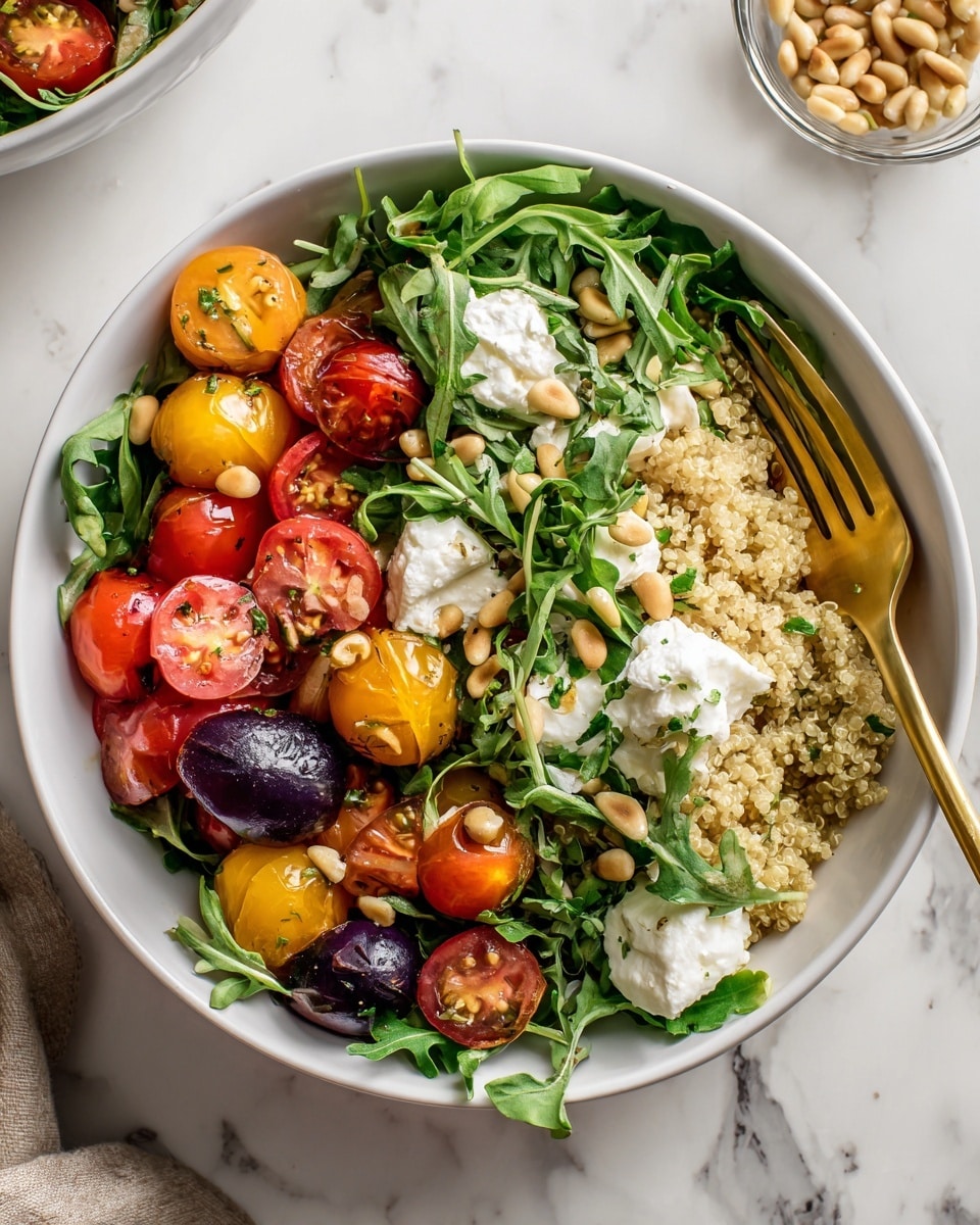 A white bowl holds a fresh salad with three main layers; the bottom layer is green arugula leaves, soft and leafy, covering the base. On top of that is a layer of light beige quinoa grains, small and slightly fluffy. The top layer shows halved cherry tomatoes in red, yellow, and purple colors arranged randomly, sprinkled with creamy white cheese chunks and small toasted pine nuts scattered across. A thin drizzle of dressing adds a light shine over the ingredients. The bowl is placed on a golden fork on a white marbled textured surface with some scattered pine nuts nearby. Photo taken with an iphone --ar 4:5 --v 7