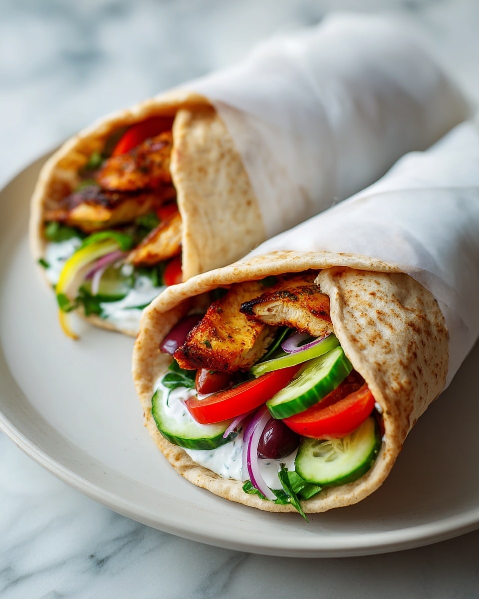 Two pita wraps on a white plate sitting on a white marbled surface, each filled with layers starting from the soft, light brown pita bread; inside, there is white creamy sauce spread on the top layer, pieces of golden brown grilled chicken, bright green slices of cucumber and bell pepper, red slices of tomato and red onion rings, and dark purple olives. The wraps are partly wrapped in white paper, with the fillings spilling out slightly, showing fresh and colorful ingredients. Photo taken with an iphone --ar 4:5 --v 7