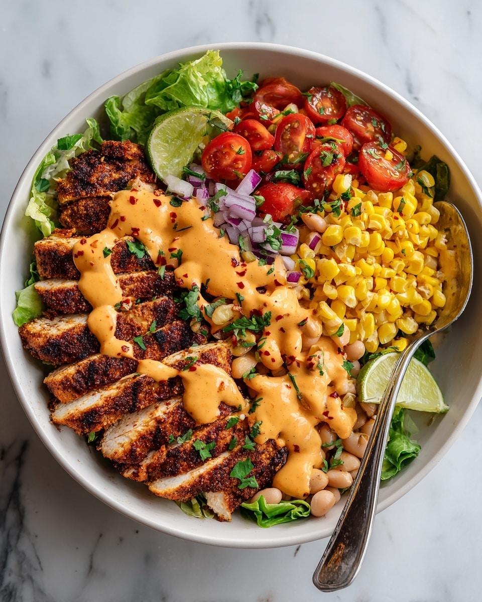 A white bowl on a white marbled surface holds a layered meal with five main parts: at the bottom left, slices of dark brown, spiced grilled chicken with a crispy texture are drizzled with an orange creamy sauce and sprinkled with chopped green herbs and red pepper flakes. To the left top, there is a mix of bright green lettuce. On the top center, bright red halved cherry tomatoes mixed with small pieces of purple onion and green herbs sit under the same orange sauce. At the top right, a pile of yellow cooked corn kernels glistens. Below the corn, light brown cooked beans are also topped with the orange sauce and sprinkled with chopped herbs. A lime wedge is placed near the corn and beans. A metal spoon rests to the right side inside the bowl. Photo taken with an iphone --ar 4:5 --v 7