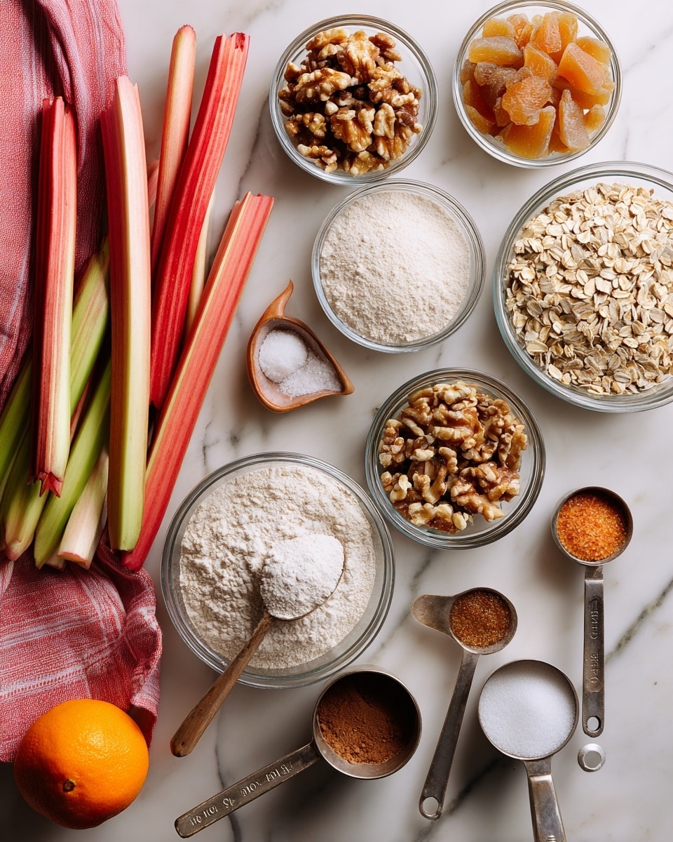 A white marbled surface holds several clear glass bowls and spoons arranged neatly, filled with different baking ingredients. A pile of long, fresh rhubarb stalks with a pinkish-red color and pale greenish-white ends lay on the left beside a striped pink cloth. On the right side, there are six bowls filled with white flour, chopped walnuts, rolled oats, and two kinds of brown and white sugar. Measuring spoons with spices in warm brown and orange shades, along with a metal measuring cup filled with white salt, are placed near the bottom. A bright orange fruit lies in the corner, adding a pop of color to the scene photo taken with an iphone --ar 4:5 --v 7