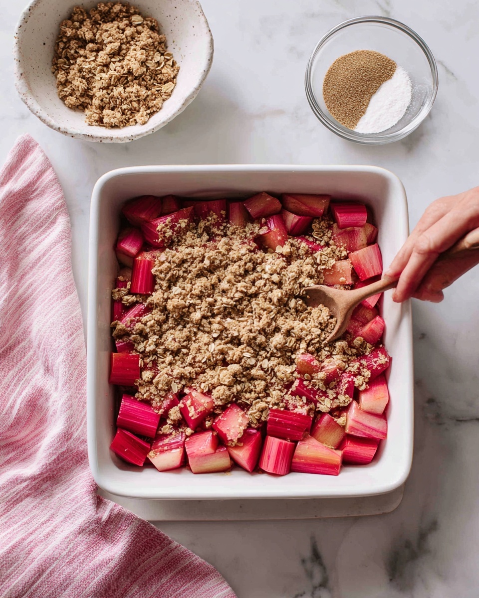 A white square baking dish holds a two-layer dessert with chopped pink and red rhubarb filling at the bottom and a crumbly oat topping being sprinkled evenly over it by a woman's hand from the upper right corner. The rhubarb pieces are small and irregular, showing a mix of light pink, red, and pale yellow shades. Above, the oat topping is light brown and coarse with visible oats and small clumps, creating a rough texture. The dish sits on a white marbled surface with a pink and white striped cloth partially visible on the top left side and a small glass bowl with cinnamon and sugar mix in the upper right corner. Another white bowl filled with more oat topping is partially seen in the bottom left corner. Photo taken with an iphone --ar 4:5 --v 7