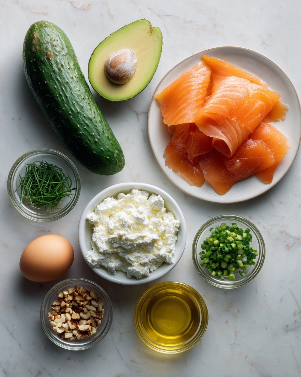 The image shows several ingredients arranged neatly on a white marbled surface. In the center, there is a halved avocado with a light green inside and a brown seed in one half. Next to it is a whole dark green cucumber with a bumpy texture. Below the avocado and cucumber, there is a white bowl filled with white cottage cheese, showing a soft and lumpy texture. Around these main items, there are smaller glass bowls holding chopped green chives, crushed nuts, and ground black pepper. There is also a white plate with thin, smooth slices of bright orange smoked salmon layered on top of each other. An egg with a light brown shell and a small glass cup of golden olive oil are placed nearby. Photo taken with an iphone --ar 4:5 --v 7