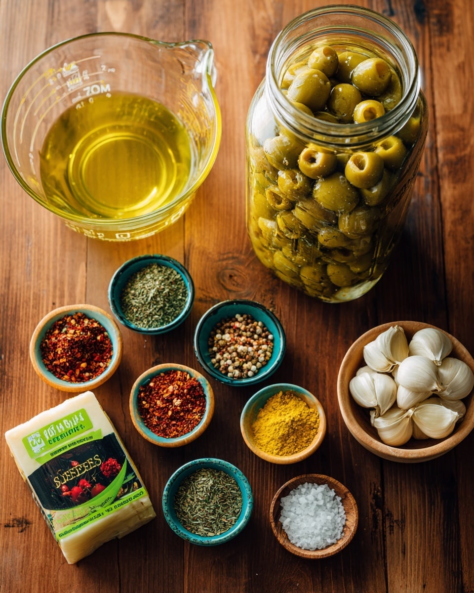 The image shows a wooden surface with seven items arranged closely. On the right side is a large clear jar filled with green olives stuffed with garlic and jalapeno, featuring a black and red label. To its left, there is a clear glass measuring cup filled with a light yellow liquid on the top right. Below the liquid, there is a block of Boursin garlic and fine herbs cheese in its green and white packaging. Eight garlic cloves lay scattered near the cheese. Surrounding them are five small bowls: one red with green dried herbs, one light green with brown dried herbs, one yellow with light brown dried herbs, one blue with red pepper flakes, and one small wooden bowl with white salt crystals. All items are placed on a wooden surface, with no background detail visible. photo taken with an iphone --ar 4:5 --v 7