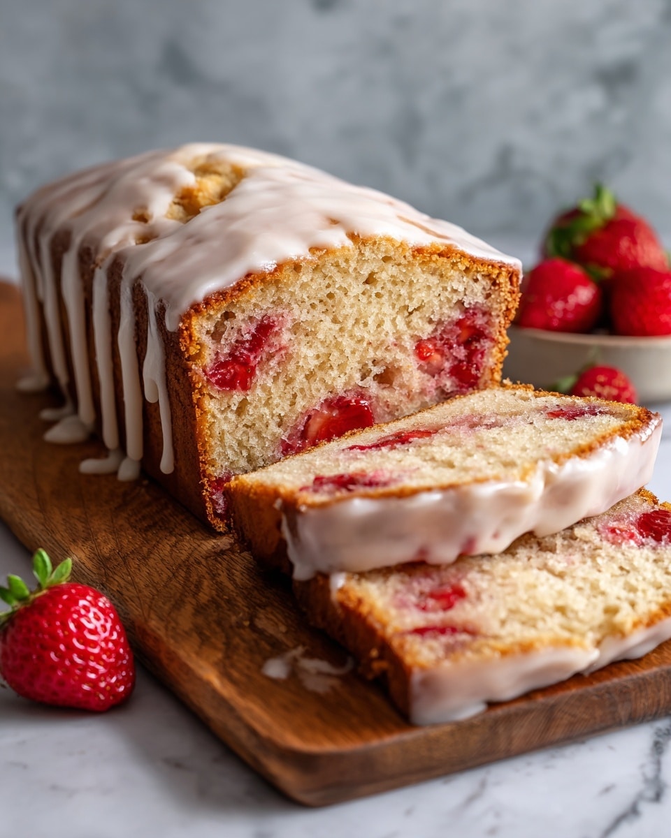 A loaf of light golden cake with visible red strawberry pieces inside, sliced into three pieces and placed overlapping on a wooden board. The top of the cake has a white glaze drizzled unevenly, with a fresh whole strawberry placed on the top right corner. In the background, there are two whole strawberries out of focus on a white marbled surface, and a green cloth is partially visible on the bottom right. Photo taken with an iphone --ar 4:5 --v 7