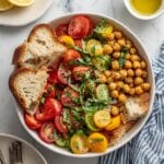 Summer Panzanella Salad with Peaches, Corn, and Roasted Chickpeas Recipe