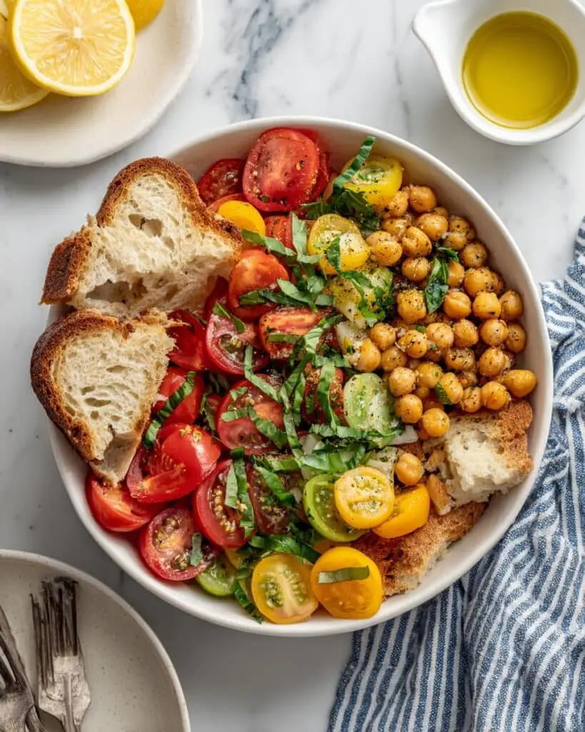 Summer Panzanella Salad with Peaches, Corn, and Roasted Chickpeas Recipe