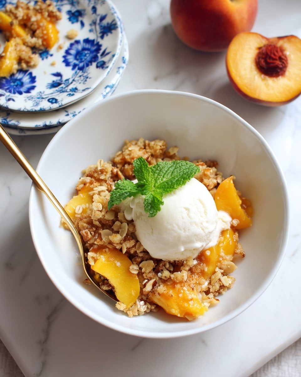 A white bowl filled with a warm peach crumble dessert is shown from above on a white marbled surface. The dessert has two main parts: one half is golden brown crumbled topping with a rough, crumbly texture, and the other half reveals the cooked peaches underneath, which are orange and soft with a glossy syrup. A silver spoon is partially dipped into the peach side, held by a woman’s hand. The photo taken with an iphone --ar 4:5 --v 7