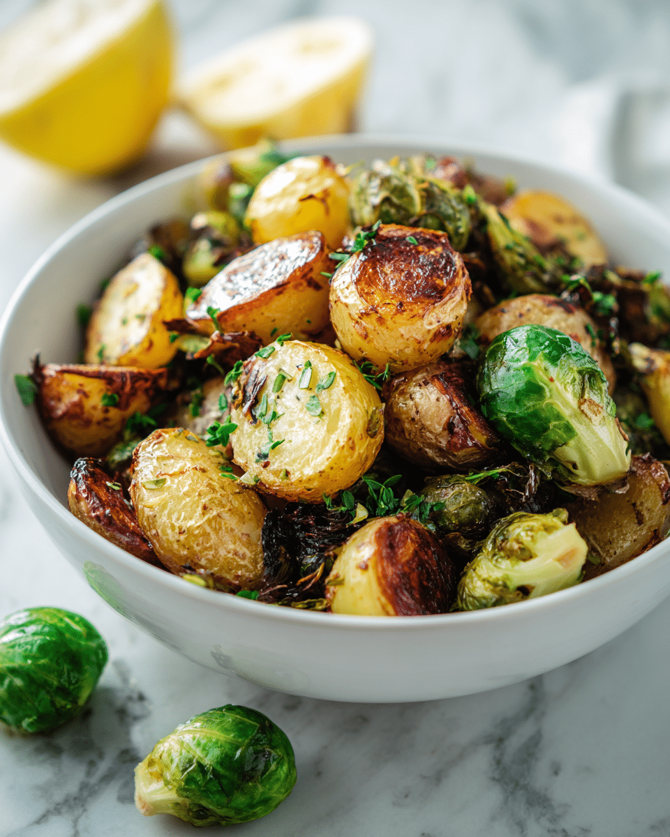 Lemony Roasted Potatoes and Brussels Sprouts Recipe