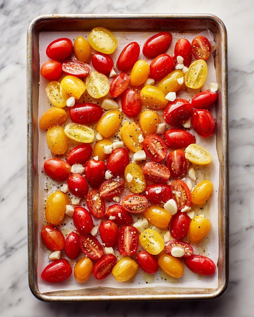 The image shows a baking tray filled with many small tomato halves spread out evenly. The tomatoes are red and yellow, with a smooth and shiny surface. They are placed on white parchment paper that covers the bottom of the tray. On top of the tomatoes, there are small bits of white garlic and sprinkled black pepper. The tray is on a white marbled surface. photo taken with an iphone --ar 4:5 --v 7