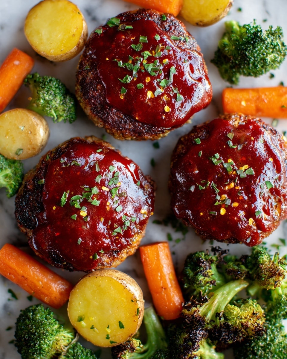 The image shows three thick, round meat patties topped with a glossy red sauce and sprinkled with small green herbs. The patties rest on a white marbled surface surrounded by small golden yellow potatoes, bright orange carrot slices, and green broccoli florets with slightly charred edges. The vegetables and patties are close together, creating a colorful and hearty mix of textures and colors. photo taken with an iphone --ar 4:5 --v 7