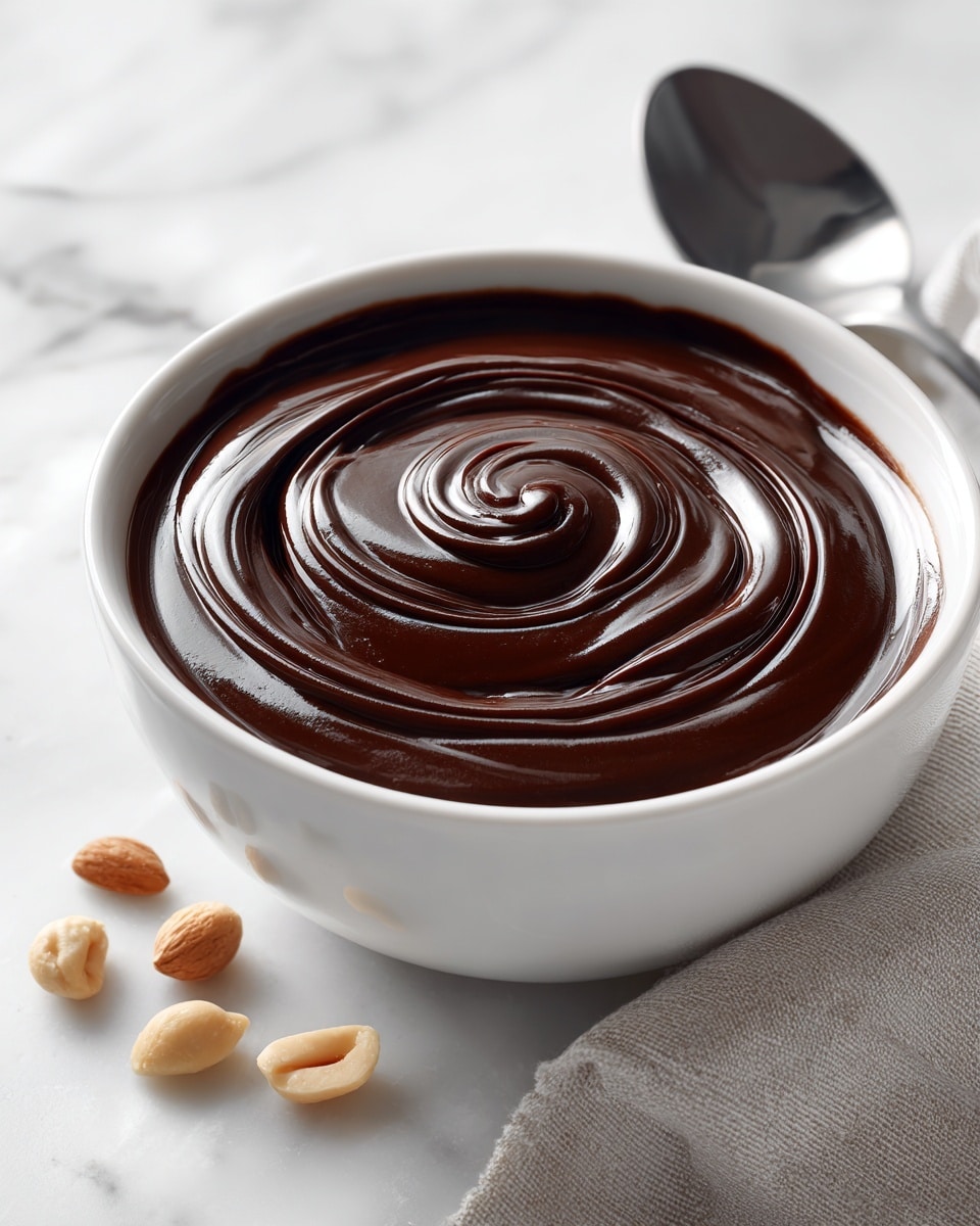 A white bowl filled with a smooth, dark chocolate sauce that has a shiny, glossy texture with thick, swirling waves centered in the bowl. The chocolate clings to the edges with thin, trailing lines that create dynamic patterns around the top inside rim. The bowl sits on a white marbled surface with a few coffee-colored nuts placed casually in front, and a silver spoon rests beside the bowl, positioned flat against the surface. The lighting highlights the rich texture of the chocolate, making it very inviting. Photo taken with an iphone --ar 4:5 --v 7