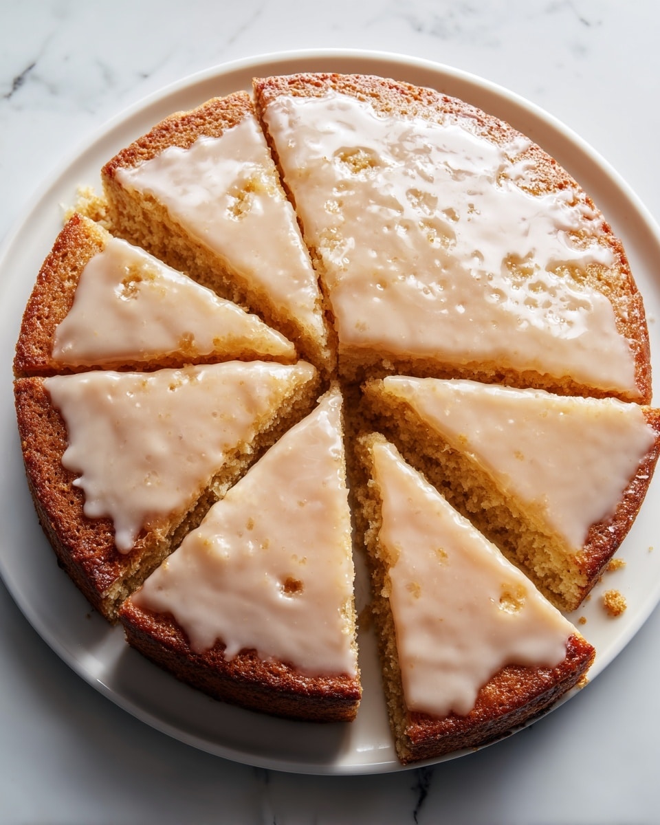 A round cake sliced into eight pieces sits on a white plate over a white marbled surface. The cake has one visible layer with a golden brown color and a shiny, light beige glaze coating its entire top and slightly dripping down the sides. One slice is slightly pulled out, showing the cake's soft, moist texture inside. The glaze appears smooth with small darker spots that highlight the texture of the cake underneath. Photo taken with an iphone --ar 4:5 --v 7