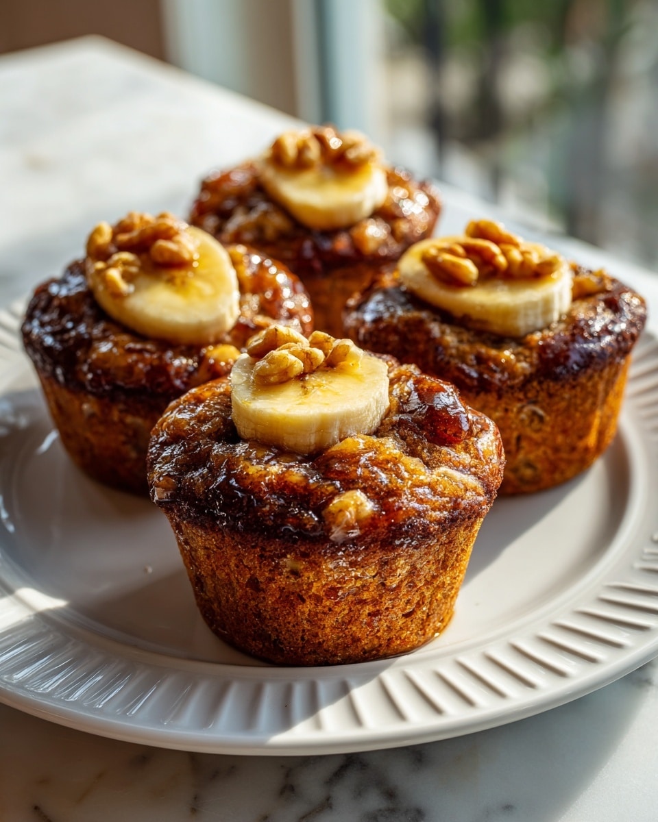 Four brown muffins sit on a white plate placed on a white marbled surface. Each muffin has a topping layer with a slice of light yellow banana and small pieces of light brown nuts, all covered with a shiny glaze. The muffins have a rough texture with visible crumb details and slightly wrinkled paper liners around the base. The soft natural light comes from a window in the background, adding a warm tone to the image. photo taken with an iphone --ar 4:5 --v 7