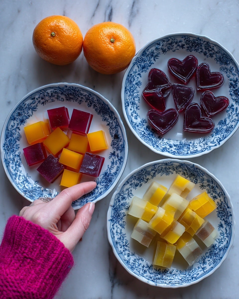 The dish shows nine square pieces of layered jelly in a white patterned bowl with blue floral designs around the edge. Each jelly piece has five alternating horizontal layers of deep red and bright orange, creating a striped look with smooth, shiny surfaces that catch the light. The bowl sits on a white marbled surface with bright sunlight casting soft shadows. Around the bowl, there are four fresh oranges with green leaves still attached. A woman's lap with a pink textured cloth is partially visible at the bottom of the image. photo taken with an iphone --ar 4:5 --v 7