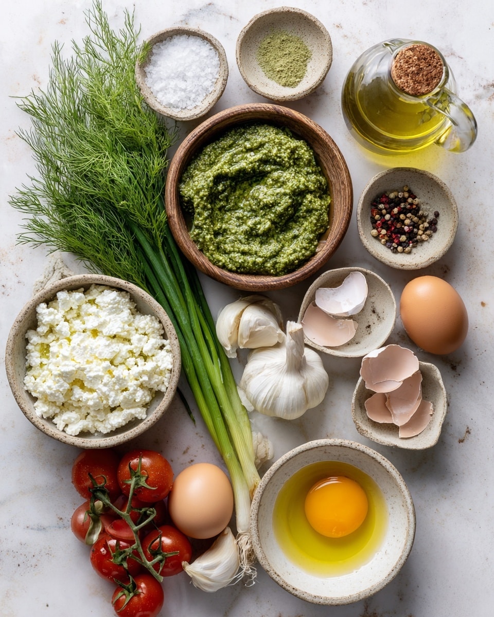 A flat lay of cooking ingredients on a white marbled surface, showing several small bowls with white cottage cheese, creamy ricotta, and a chunky green pesto-like sauce in a wooden bowl; a bunch of fresh dill with green stalks resting next to green onions, five brown eggs arranged side by side, several peeled garlic cloves in a small cluster, a bunch of ripe cherry tomatoes still on the vine, and small white bowls filled with salt, black and red pepper, and light yellow olive oil. A clear glass bottle with cork filled with pale olive oil stands near the top right corner. The bowls are rough-textured stoneware in natural earthy tones, and a white ceramic bowl in the bottom right contains an egg cracked open showing the bright yellow yolk and clear egg white. photo taken with an iphone --ar 4:5 --v 7