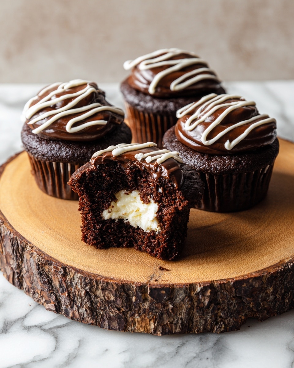 The image shows several chocolate cupcakes placed on a white marbled surface with a white plate that has a blue textured look. Each cupcake has a smooth, thick layer of dark chocolate frosting on top, swirled in a circular pattern. On top of the frosting, there is a single thin white wavy line running across each cupcake. One cupcake is open in the middle, showing two thick layers of dark brown chocolate cake with a thick white cream filling in the center. The inside cream is soft and contrasts with the dense, rich chocolate cake layers. The cupcakes sit in white paper liners, which are slightly crinkled from baking. photo taken with an iphone --ar 4:5 --v 7