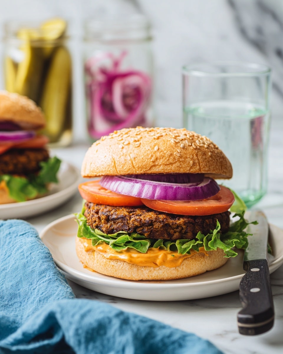 A white plate holds a burger with four visible layers inside a sesame seed bun. The bottom layer is green leaf lettuce, sitting above a light orange spread. On top of the lettuce, there's a thick dark brown patty with a rough texture. Above the patty, there are two slices of red onion followed by two slices of red tomato. The top bun is golden brown with sesame seeds scattered on it. A knife with a black handle rests on the right side of the plate, and a blue cloth is placed to the left on a white marbled surface. In the blurry background, there are jars with pickled cucumbers and red onions and a glass of water. photo taken with an iphone --ar 4:5 --v 7