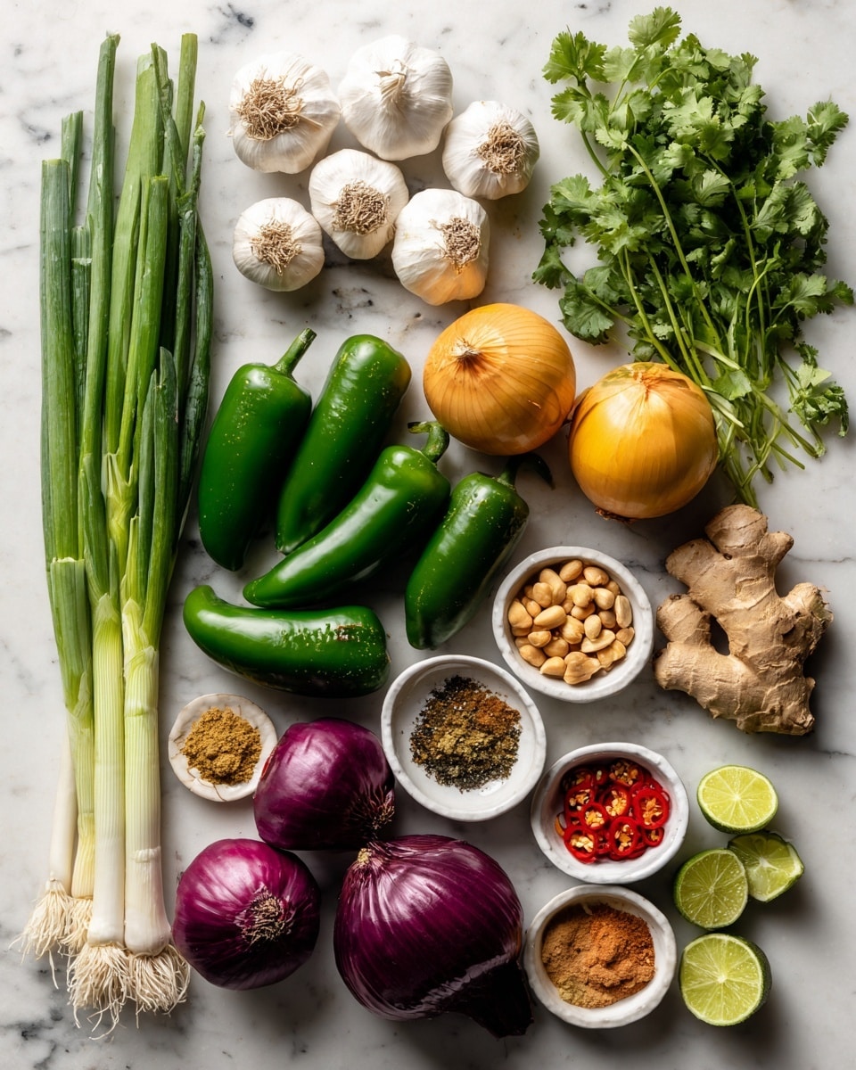 The image shows a white marbled surface with various fresh ingredients neatly arranged in groups. There are three whole green peppers and three jalapeños near the bottom center, beside two yellow onions and one purple onion. To the left, there are three green onions lying flat. Several garlic bulbs are scattered around the top and middle areas. Fresh ginger roots are placed near the right side, next to some bright green cilantro leaves. Half and quarter lime pieces are interspersed around the ingredients. Small white dishes hold ground spices and chopped red chili slices, along with a bowl of peanuts. The colors range from deep green, orange, yellow, white, to red, creating a rich and fresh visual variety. The whole setup is on a clean white marbled surface with soft natural lighting. photo taken with an iphone --ar 4:5 --v 7