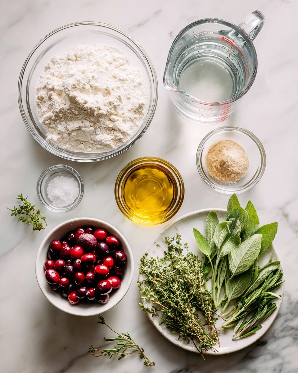 This image shows several cooking ingredients on a white marbled surface. At the top left, there is a clear glass bowl filled with white flour. To the right of it, a clear measuring jug holds clear water. Below the jug, there is a small round glass bowl with golden oil. Near the bottom center, a small white bowl is filled with red cranberries. Next to it are two tiny clear glass bowls, one with coarse white salt and the other with light brown dry yeast. On the right side, a large white plate holds several fresh green herbs including sage, rosemary, thyme, and basil. The scene is bright and neat, with all elements clearly visible and arranged in a loose grid. Photo taken with an iphone --ar 4:5 --v 7