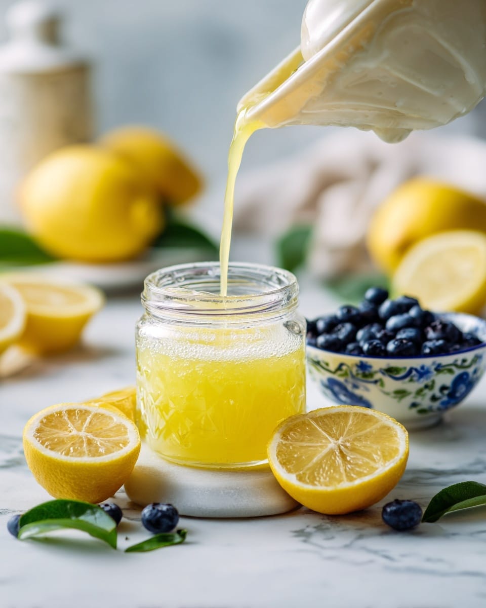 The image shows a close-up scene on a white marbled surface with a cream-colored juicer pouring fresh yellow lemon juice into a clear glass jar that is half full, with visible froth on top. Surrounding the jar are several lemon halves with bright yellow skin and juicy pulp, laid out casually. To the right, there is a white bowl with blue and green leaf patterns on the rim, holding small clusters of dark blue blueberries and some green leaves. The background includes blurred kitchen items, enhancing a cozy and fresh atmosphere. Photo taken with an iphone --ar 4:5 --v 7