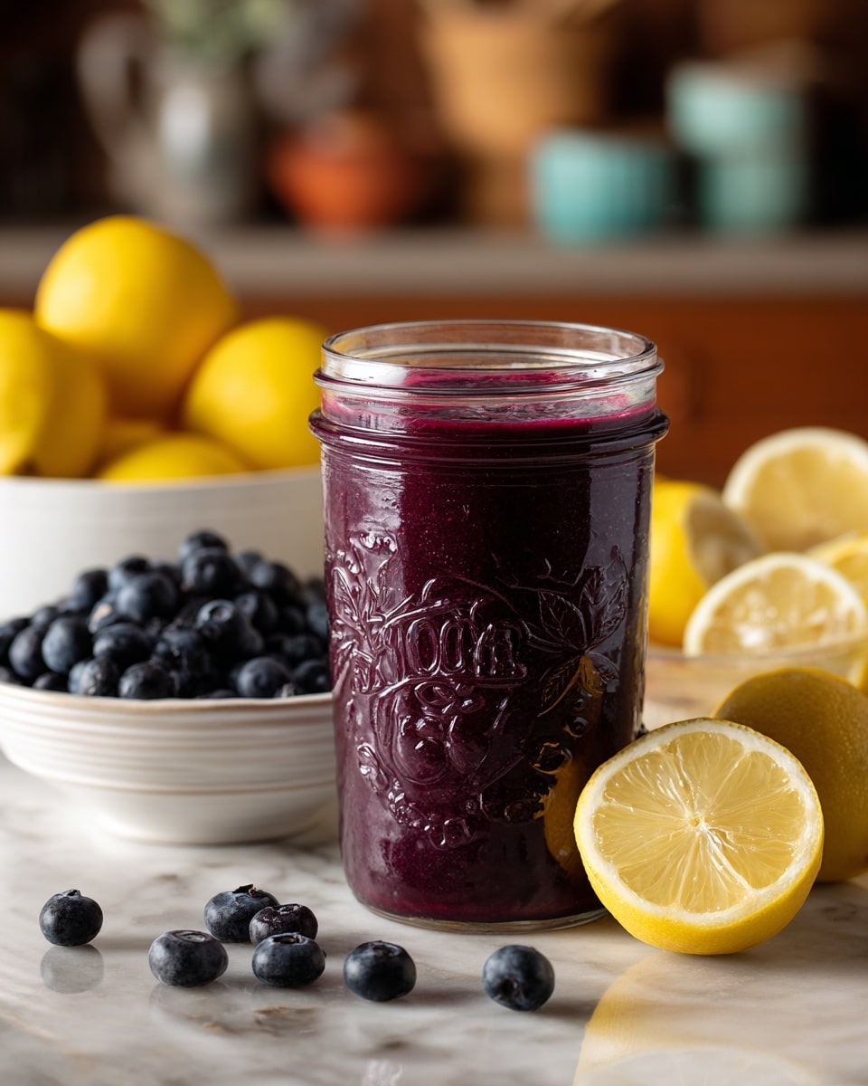 The image shows a glass jar filled with deep purple liquid labeled