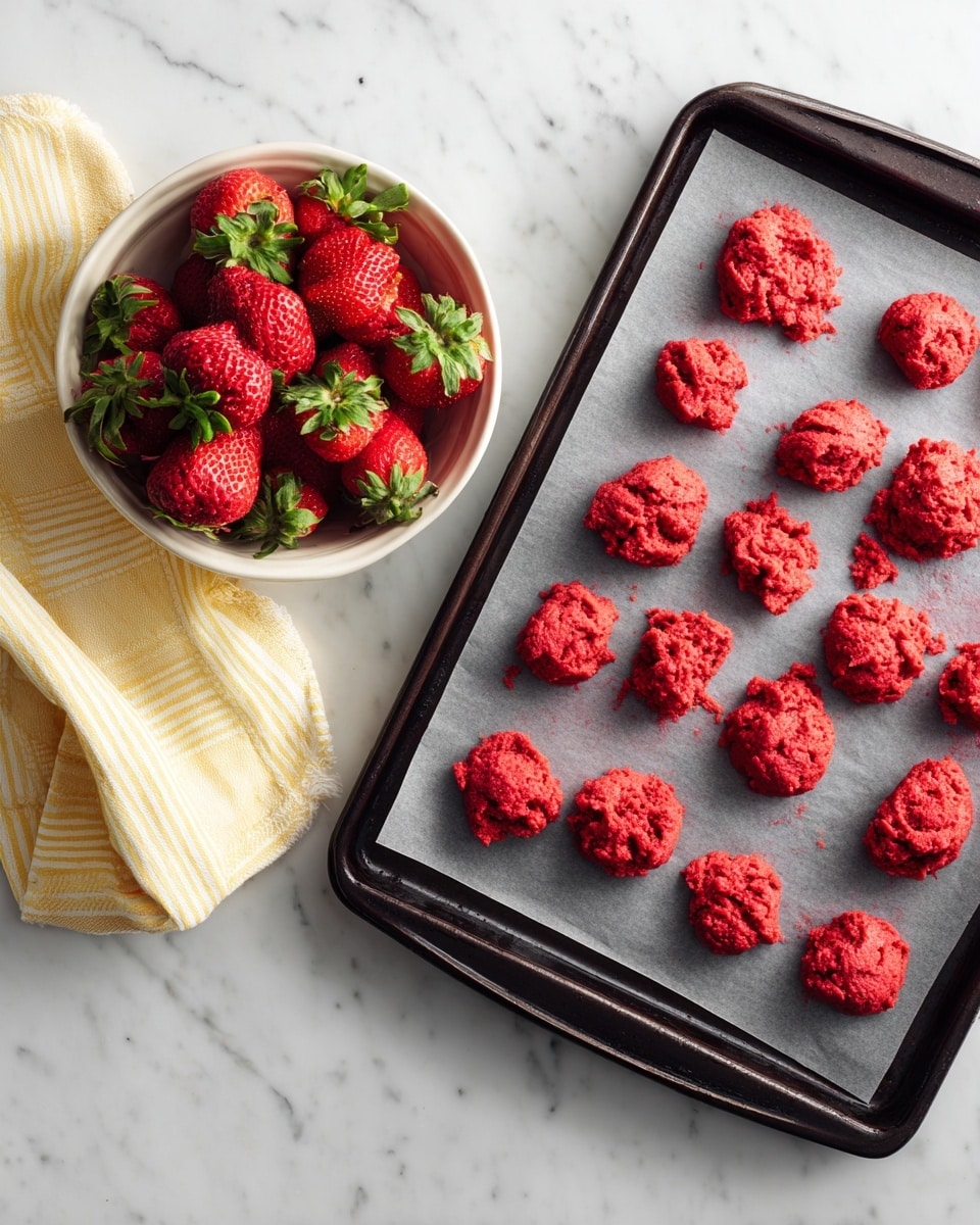 A black baking tray with parchment paper holds about 21 small red dollops of a thick, textured mixture spread unevenly across it. To the upper left of the tray, a white bowl lined with a light yellow-striped cloth is filled with fresh, whole strawberries showing their green leafy tops. The scene is set on a white marbled surface with bright natural light highlighting the vivid red colors of both the mixture and the strawberries. photo taken with an iphone --ar 4:5 --v 7