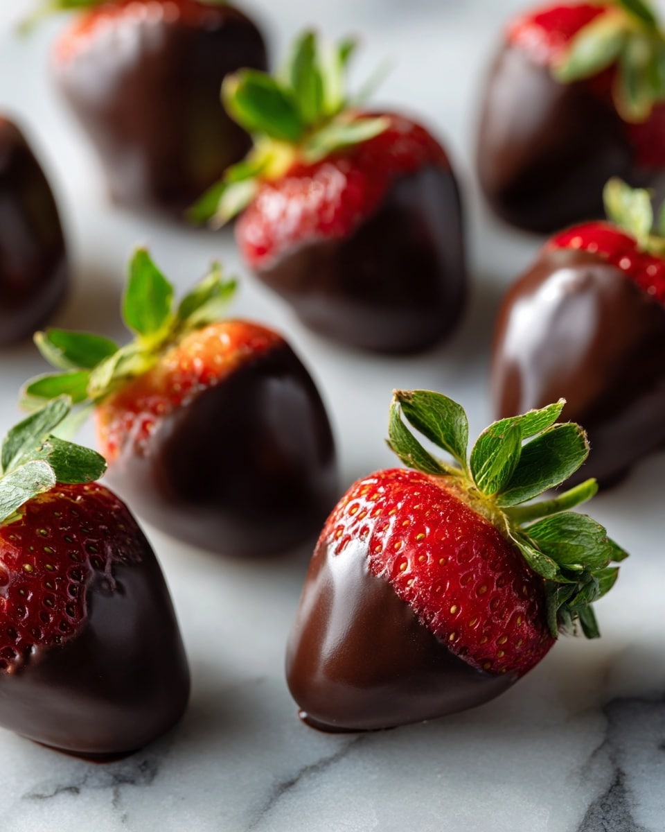 The image shows several strawberries dipped in smooth dark chocolate, placed on a white marbled surface. Most strawberries are fully covered in a shiny dark brown chocolate layer with the green leaves on top visible, giving a nice contrast of green, red, and dark brown. One strawberry is in the front right and has a bite taken out of it, showing the juicy, bright red inside with a glossy texture. The chocolate layer looks thin and even, slightly glossy, and the strawberry skin is fresh and firm. photo taken with an iphone --ar 4:5 --v 7