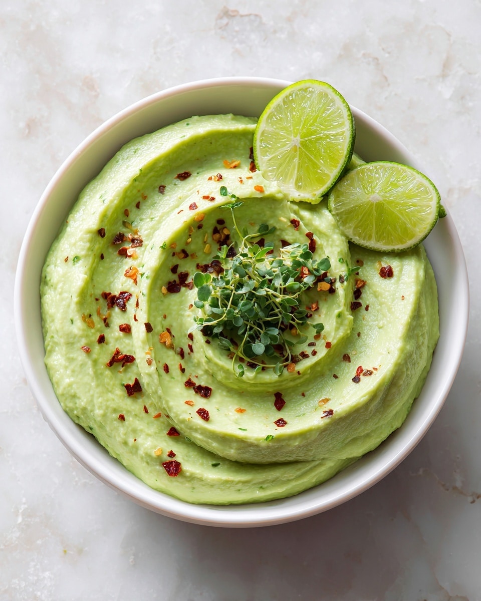 In a white bowl on a white marbled surface, there is a creamy green dip with a smooth texture shaped in soft swirls, topped with red chili flakes and a small bunch of delicate green herbs placed in the center. Behind the bowl, two halves of a lime rest, one standing cut side up and the other lying down, showing the fresh lime flesh. The lighting highlights the fresh, vibrant colors and natural textures of the dish and surroundings. Photo taken with an iphone --ar 4:5 --v 7