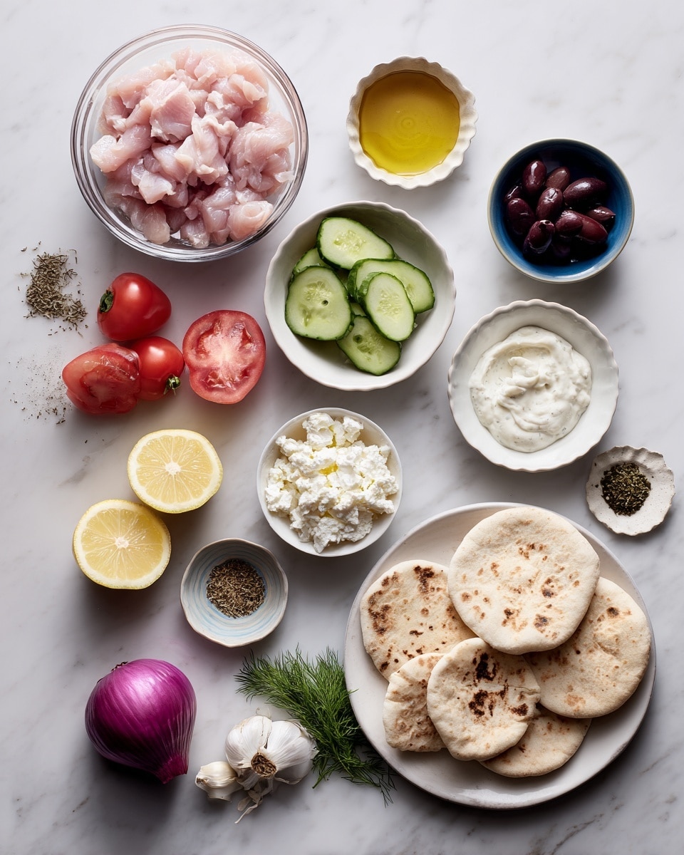 The image shows ingredients arranged on a white marbled surface. At the top left is a clear glass bowl filled with small pieces of raw pink chicken. Below it, there is a small white bowl with cucumber slices that are light green with darker green skin. Near the middle, a small white bowl holds a golden liquid, possibly honey. Next to it on the right, there is a white plate with three round flatbreads that are light beige with some brown spots. Below and to the right, a small dark blue bowl contains white crumbly cheese, and beside it, a small white dish holds dark purple and black olives. At the bottom left, half a red onion and three bright red tomatoes sit near two lemon halves that are vibrant yellow. Near these, a small scalloped white dish contains white garlic cloves, and a couple of small dishes hold herbs and spices like black pepper and dried seasoning. A small bowl of creamy white sauce and some fresh green herbs like basil and dill complete the spread. photo taken with an iphone --ar 4:5 --v 7