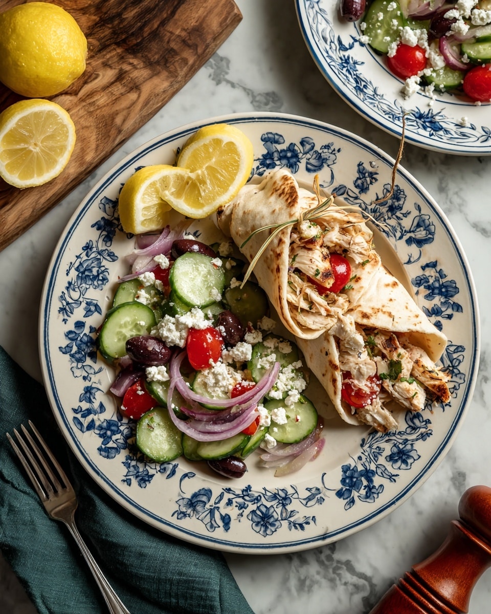 A white plate with blue floral patterns holds a wrap made from light brown flatbread folded over grilled pieces of chicken and topped with bright red cherry tomato halves and dark purple olives. Inside and around the wrap are green cucumber slices, thin purple onion strips, and white crumbled cheese. Two bright yellow lemon slices rest above the wrap on the plate. The plate sits on a white marbled surface with a green cloth napkin and two forks to the left, a red tomato on a wooden board in the top left corner, and a halved red onion partially visible on the right side. Photo taken with an iphone --ar 4:5 --v 7