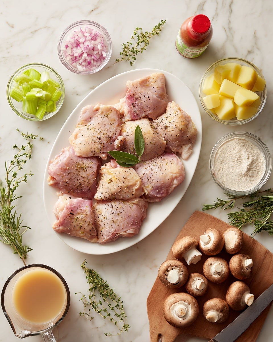 The image shows a white oval plate filled with six pieces of raw chicken thighs seasoned with black pepper, placed on a white marbled surface. Surrounding the plate, there are multiple small clear glass bowls, one containing chopped pink shallots with a green bay leaf resting on top, another with diced green celery, and a third with halved small yellow potatoes. A small mound of white flour is next to a green tube of tomato paste with a red cap, while a glass jar with a white creamy liquid sits beside fresh green rosemary and thyme sprigs. A wooden board at the bottom right holds several whole and sliced brown mushrooms with a small knife resting on it. A clear glass measuring cup with light brown broth is at the bottom left, all arranged neatly. photo taken with an iphone --ar 4:5 --v 7