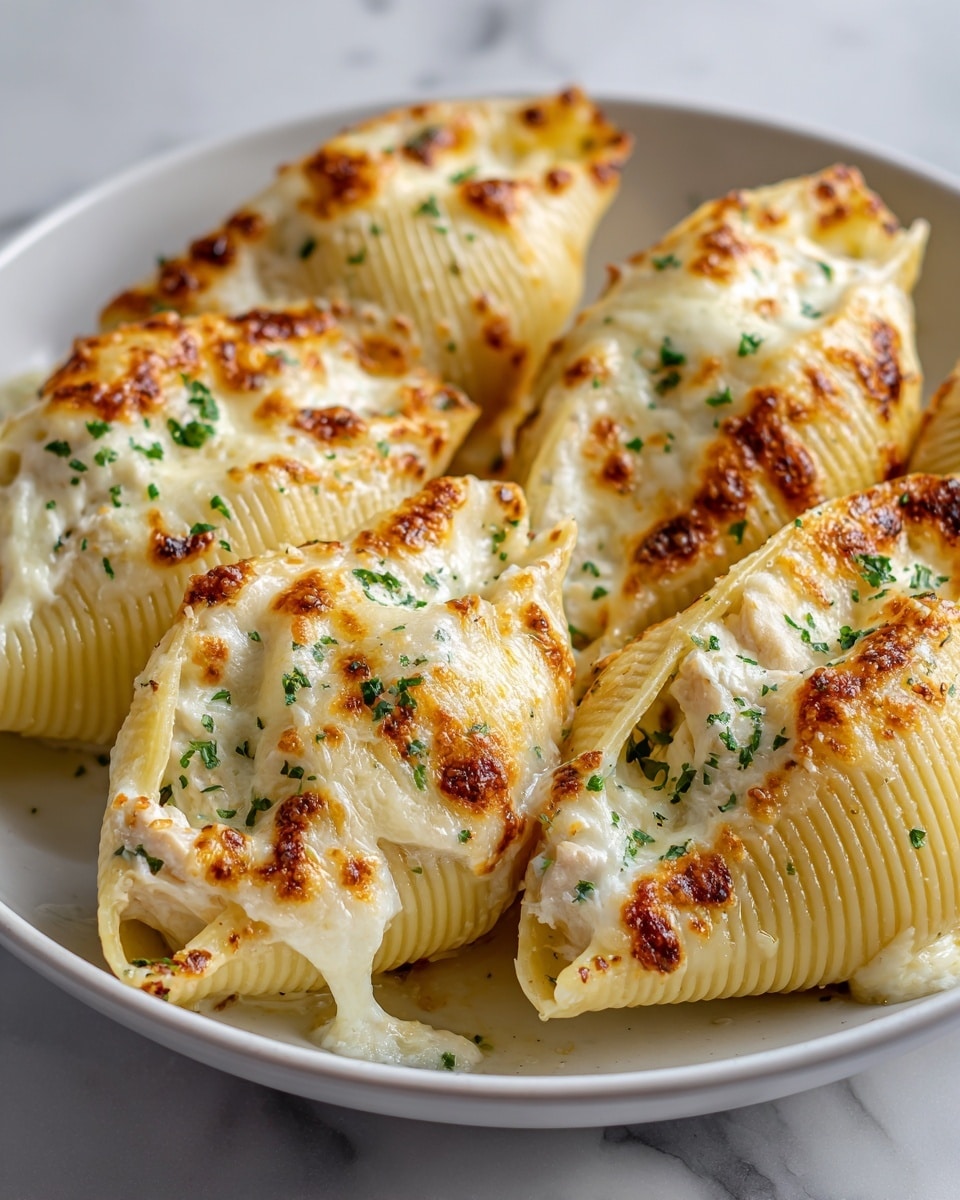 The dish shows large white pasta shells filled with a creamy white cheese and shredded chicken mix, topped with browned melted cheese that has bubbly golden spots. Each shell is generously stuffed and sprinkled lightly with chopped green herbs and a few black pepper specks. The pasta shells are placed closely together on a round white plate, which sits on a white marbled surface. The overall look is warm and cheesy with a touch of fresh green from the herbs. photo taken with an iphone --ar 4:5 --v 7