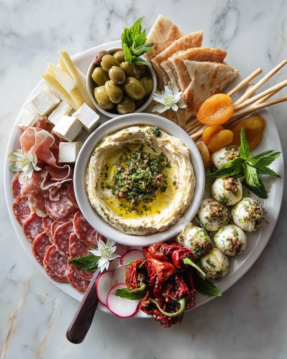 A white plate holds a colorful charcuterie arrangement on a white marbled surface. On the left side, there are folded slices of pale pink prosciutto, surrounded by small white balls of cheese covered with chopped herbs. Above the cheese, there is a curved row of round, pink slices of salami next to round, red stuffed peppers filled with white cheese and some pieces of artichoke hearts. In the center is a bowl full of shiny green olives with herbs and garlic cloves. Near the bottom left, there is a swirl of light beige hummus topped with olive oil and herbs. Around the plate, there are white cubes of feta cheese sprinkled with green herbs, scattered almonds, bright red sun-dried tomatoes, and some purple-brown slices of chorizo. Fresh strawberries, apricot halves, a few radishes with green tops, and breadsticks wrapped in thin slices of prosciutto fill spaces around the edges. A small jar with dark jam and a silver spoon sits near the bottom right corner. Photo taken with an iphone --ar 4:5 --v 7