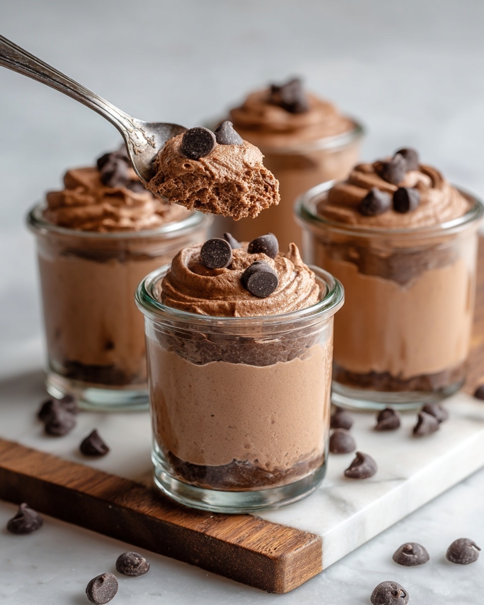The image shows four small clear glass jars filled with three layers of light and dark brown creamy chocolate mousse. The mousse is fluffy and textured with tiny bubbles visible on the surface. Chocolate chips are scattered on top and around the jars on a white marbled surface and a wooden board. A silver spoon lifts a big scoop of mousse from one jar, with two chocolate chips on top of the scoop. The background is softly blurred with white and brown tones visible. photo taken with an iphone --ar 4:5 --v 7