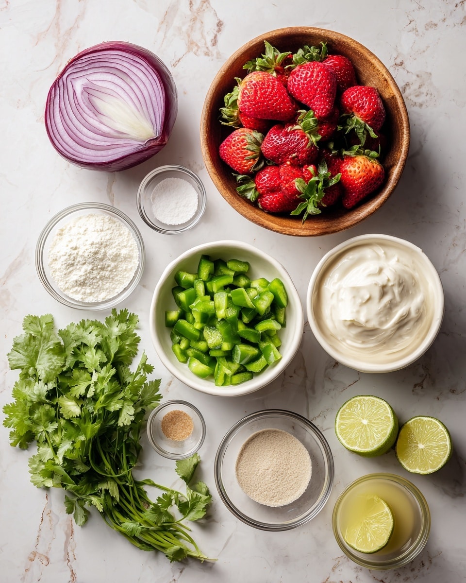The image shows layers of fresh ingredients arranged on a white marbled surface. On the top left, there is a half purple onion with visible layers. Next to it, in the middle top, a wooden bowl holds bright red strawberries with green leaves. To the right, a white bowl contains a smooth, creamy white substance. Below the strawberries, a white bowl is filled with small green bell pepper pieces. On the left center, there is a bunch of fresh green cilantro. Below the cilantro, two small glass bowls hold a white powder and a beige spice powder each. On the bottom right, a small glass bowl has a yellow liquid, and next to it, two halved limes and one whole lime showing vibrant green colors. photo taken with an iphone --ar 4:5 --v 7