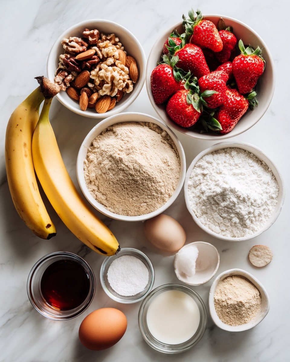 Various baking ingredients are arranged on a white marbled surface. Near the center right, a white bowl holds light brown flour. To its left, a smaller white bowl contains beige ground almond powder. Above these, a white bowl is filled with bright red strawberries with green leaves. Two ripe yellow bananas with small brown spots rest beside the bowls. On the upper left side, a white bowl holds mixed whole almonds and chopped nuts. Below, a small glass bowl holds a dark brown liquid, and two other small glass bowls have white powders, one finer and one coarser. Two light brown eggs lie on the lower left next to a white bowl filled with a clear liquid. All items are neatly placed with clear visibility and soft, natural light. Photo taken with an iphone --ar 4:5 --v 7
