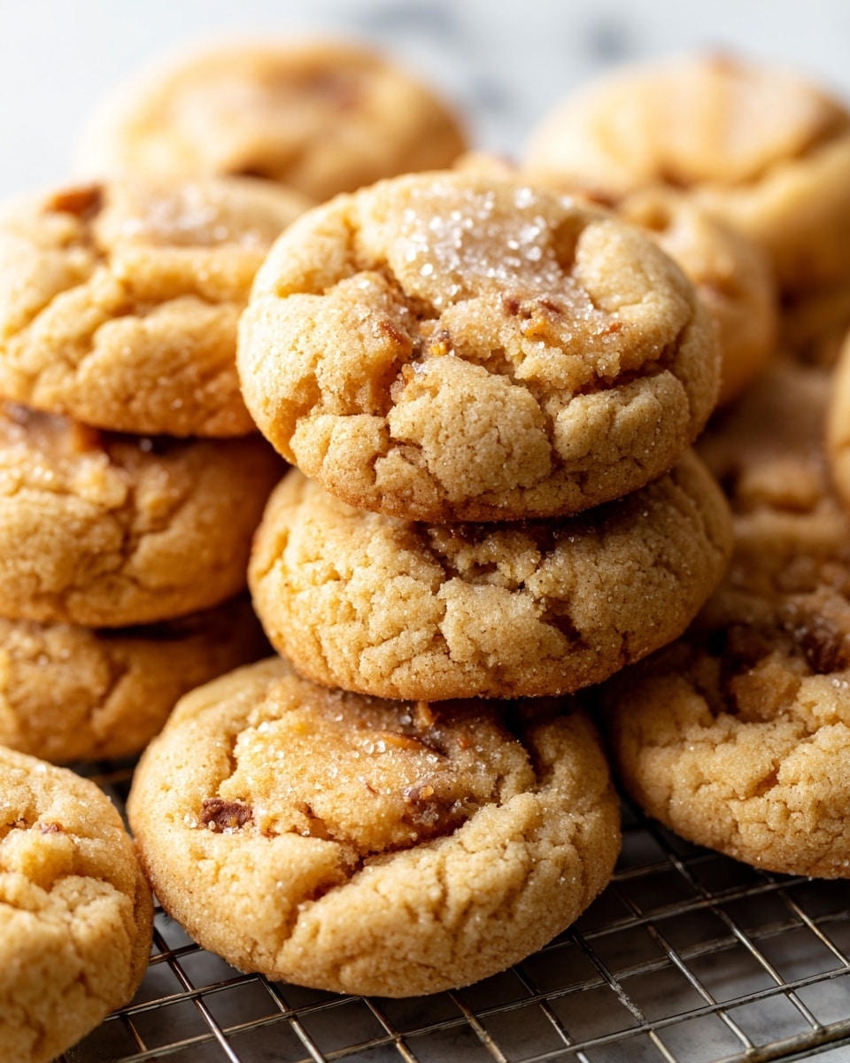 The image shows several round cookies with a golden brown color and a slightly cracked texture on top. Each cookie has small, darker brown bits scattered across the surface, giving a bit of roughness and contrast. The cookies sit closely together on a round metal wire cooling rack that is visible underneath. The edges of the cookies are slightly darker, appearing a little crispier than the centers. The background is a white marbled texture. photo taken with an iphone --ar 4:5 --v 7