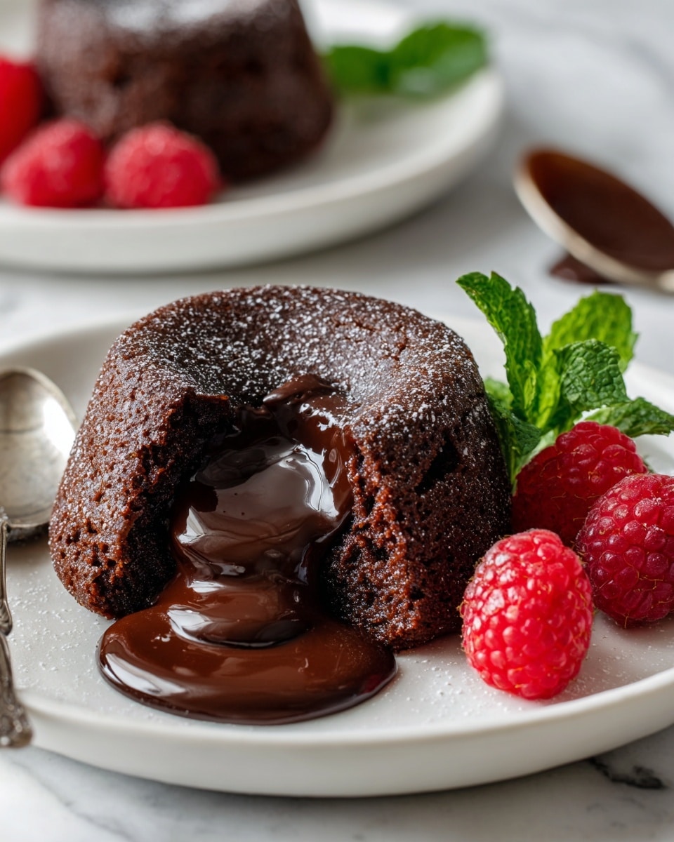 The image shows a white plate with a chocolate lava cake that has a soft, rough dark brown outer layer. The cake is opened in the front, revealing a thick, smooth, shiny dark chocolate filling flowing out. Next to the cake on the plate are a few bright red raspberries adding color contrast. In the background, another full chocolate lava cake and a silver spoon with some melted chocolate on it are visible, all set on a white marbled surface. Small cocoa powder sprinkles decorate parts of the plate. photo taken with an iphone --ar 4:5 --v 7