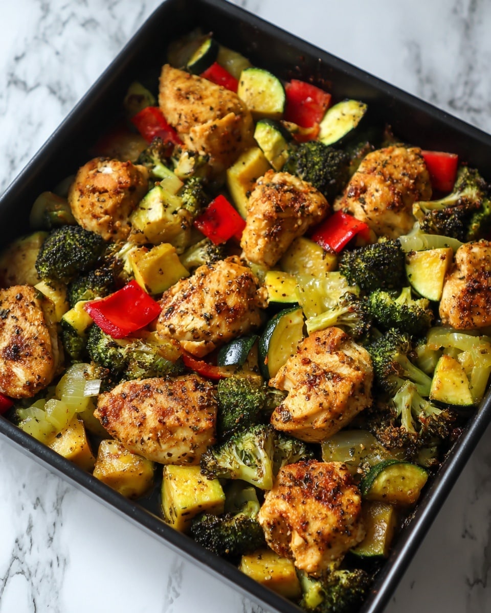 This image shows a black roasting pan filled with cooked pieces of seasoned light brown chicken mixed with various roasted vegetables. There are green broccoli florets, red and green bell pepper chunks, pale yellow onion slices, and small pieces of green zucchini scattered throughout. The chicken pieces are irregular in shape and slightly browned with visible seasoning. The vegetables have charred edges, adding texture and color contrast. The pan rests on a white marbled surface. photo taken with an iphone --ar 4:5 --v 7