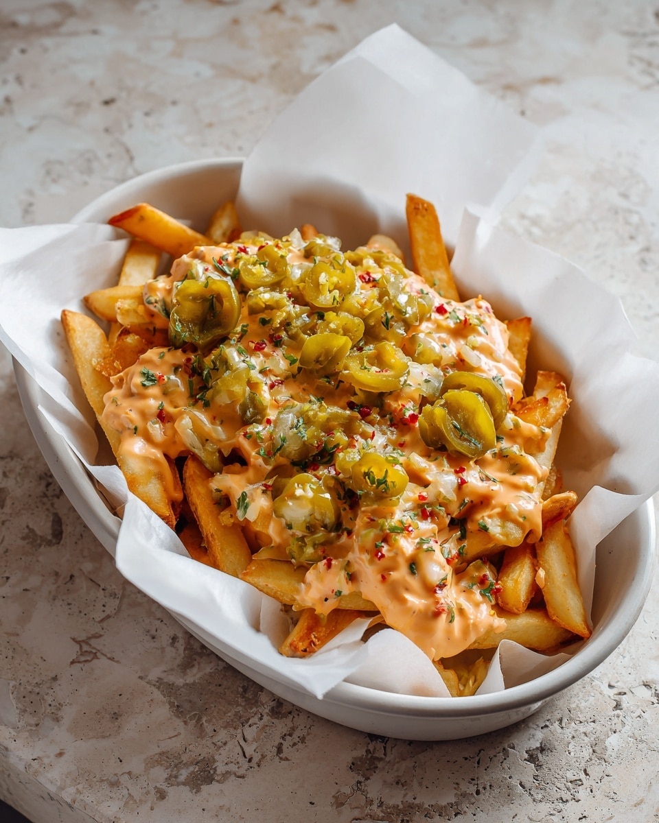 A white oval dish filled with a layer of golden brown fries at the bottom, topped with a smooth and creamy light orange cheese sauce that covers the fries completely. On top of the sauce, there are bright green jalapeño slices evenly spread out. Small green herb pieces and red chili flakes are sprinkled over the cheese sauce, adding extra color and texture. The dish sits on a white marbled surface. photo taken with an iphone --ar 4:5 --v 7