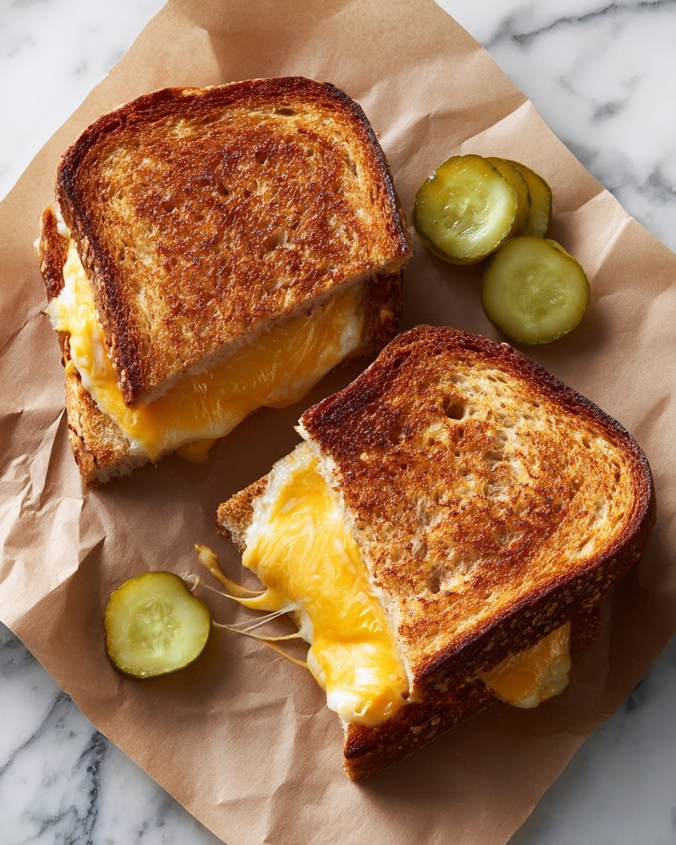 The image shows two grilled cheese sandwiches placed on brown parchment paper over a white marbled surface. Each sandwich has two golden-brown toasted bread slices with a crispy, textured surface. The sandwich in front is cut in half, slightly pulled apart to reveal a thick, stretchy layer of melted yellow-orange cheese inside. To the left, there are three sliced pickles with a shiny greenish texture beside the sandwiches. The overall scene is bright and clear, focusing closely on the details of the bread and cheese. photo taken with an iphone --ar 4:5 --v 7