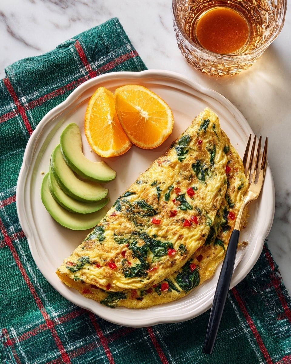 The dish shows a folded omelette on a white plate with a shiny texture from cooked egg, filled with visible pieces of green leafy spinach and small red peppers scattered throughout. To the left of the omelette are three thin slices of bright green avocado neatly fanned out and two orange slices with a juicy, vibrant look placed in front. A gold and black fork sits to the right side of the plate. Behind the plate is a clear glass with amber liquid inside on a wooden board, all set on a white marbled surface with a green plaid cloth beneath the plate. Photo taken with an iphone --ar 4:5 --v 7