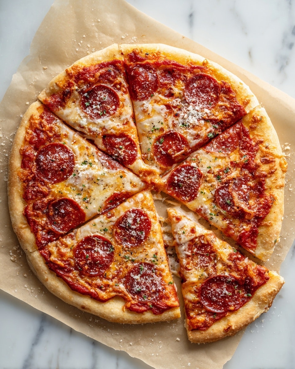 A round pepperoni pizza with a thin golden crust sits on light brown paper over a white marbled surface. The pizza is sliced into eight even pieces, each with a layer of red tomato sauce topped by melted, bubbly yellow-orange cheese. Large, dark red pepperoni slices with slightly crispy edges are evenly spread across each slice, sprinkled with small bits of grated cheese and herbs. The crust is light golden with a soft texture and slightly crispy edges. photo taken with an iphone --ar 4:5 --v 7
