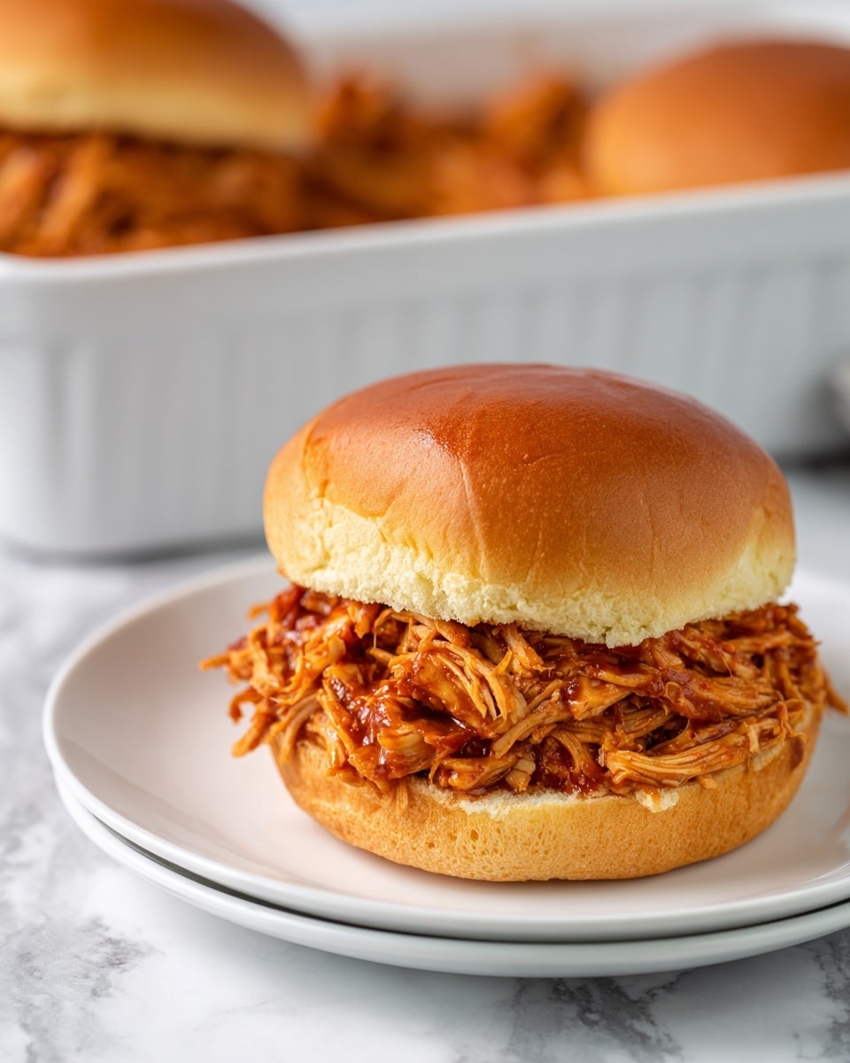 A close-up view of a pulled chicken sandwich on a white plate, with two soft, golden-brown sandwich buns as the top and bottom layers. Between the buns, there is a generous, thick layer of shredded chicken mixed with a reddish-brown barbecue sauce, giving a juicy and sticky texture. In the blurred background, a white ceramic baking dish filled with more of the same pulled chicken is visible. The whole scene is set on a dark wooden table with a white marbled texture surface. Photo taken with an iphone --ar 4:5 --v 7
