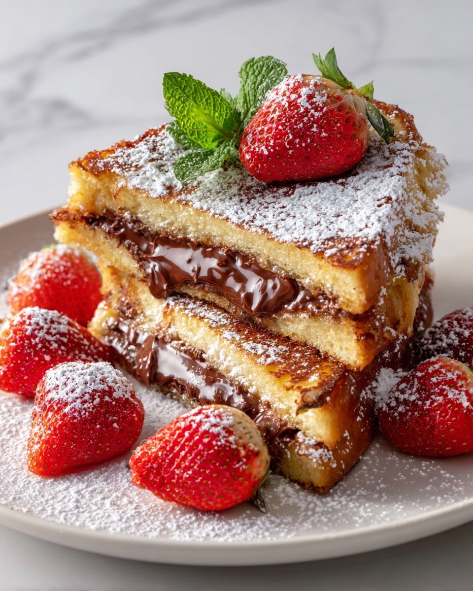 Two thick layers of golden-brown toasted bread stacked on a white plate with a white marbled surface in the background. Between the layers is rich, melted chocolate oozing out, soft and shiny. The top layer is dusted with white powdered sugar and has a whole fresh red strawberry with green leaves and two green mint leaves on top. Around the sandwich, there are sliced strawberries spread on the plate, also sprinkled with powdered sugar. Photo taken with an iphone --ar 4:5 --v 7