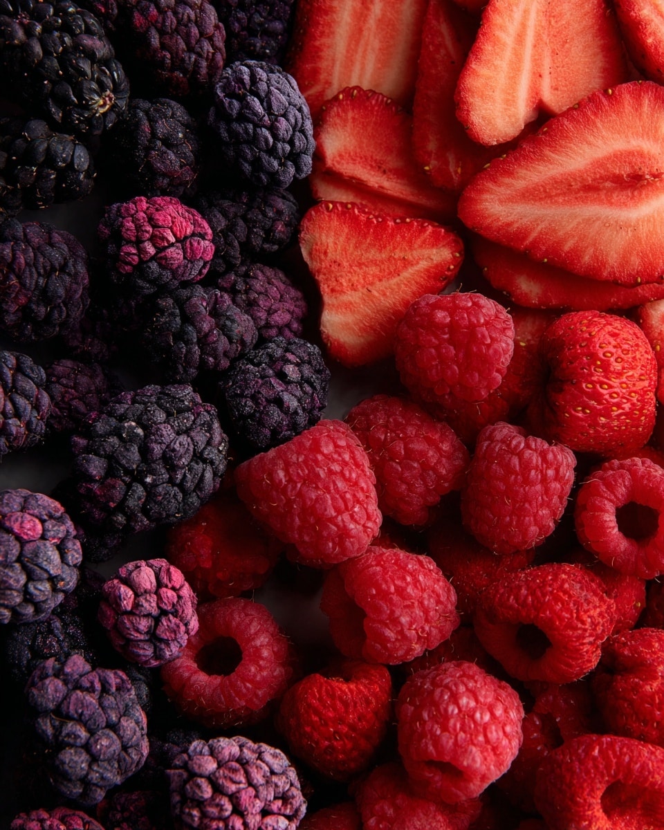 This image shows three layers of dried berries stacked close together on a white marbled surface. The front layer consists of bright red, slightly rough raspberries with visible texture and small round bumps. The middle layer has dark purple-black mulberries, which are bumpy and clustered tightly. The back layer features flat, broad, and slightly wrinkled strawberry slices in a pinkish-red shade. The close-up view highlights the different textures and rich colors of the dried berries. photo taken with an iphone --ar 4:5 --v 7